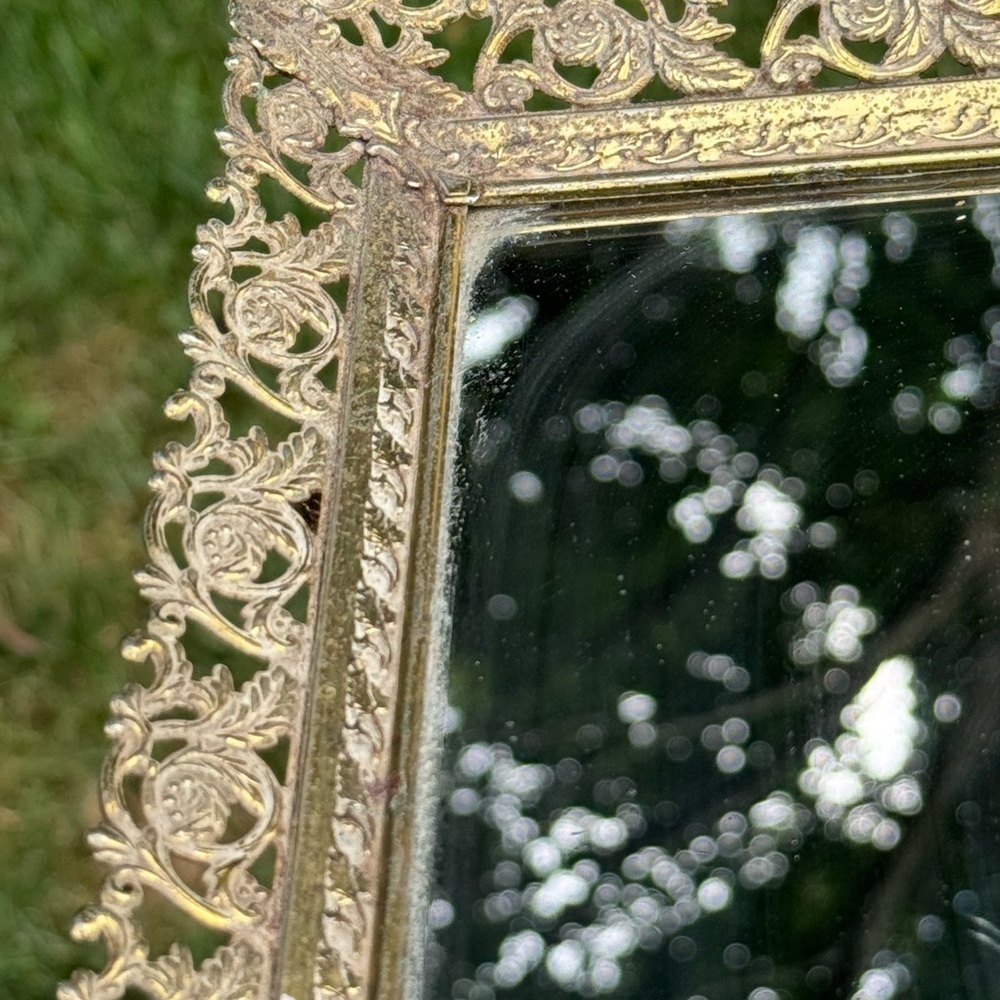 Vintage Estate Ornate Brass Footed Mirrored Vanity Tray - Picture 11 of 11